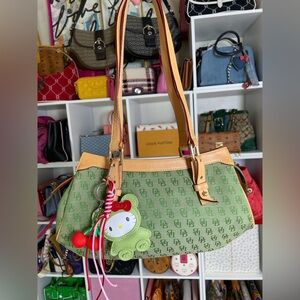 Dooney & Bourke Green Canvas and Tan Leather Monogram Shoulder Bag